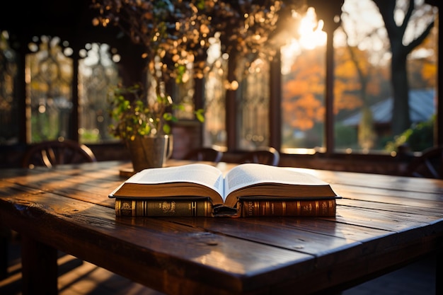 libro abierto sobre una mesa de madera con fondo de biblioteca borroso vista a nivel de los ojos