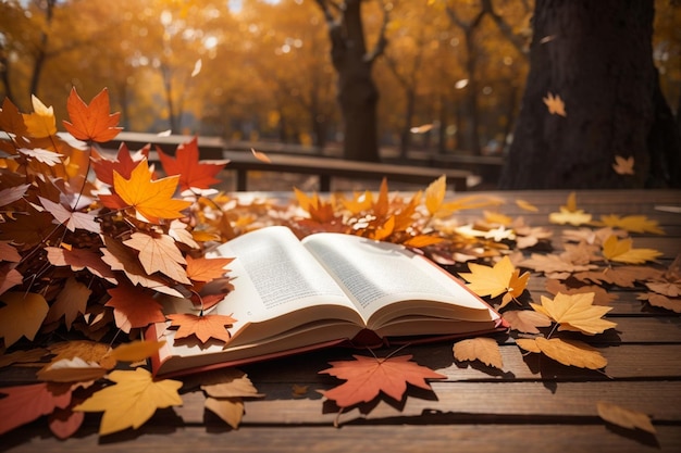 Libro abierto sobre una mesa de madera con hojas de otoño que caen