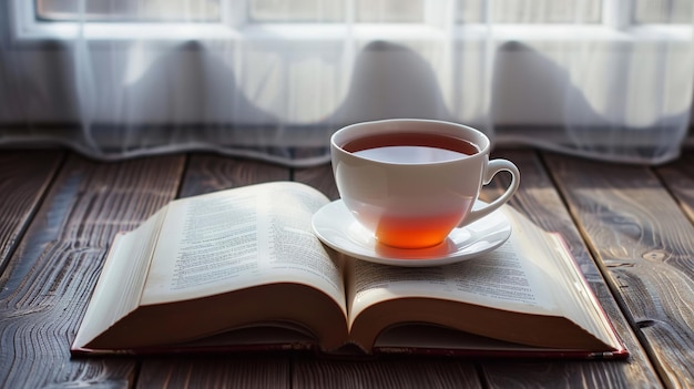 Libro abierto y una taza de té en la mesa IA generativa