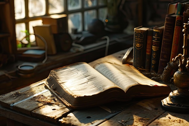 Libro antiguo abierto en una mesa con una ventana en el fondo