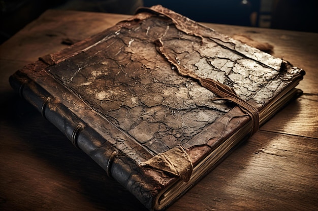 Un libro antiguo descansando sobre una mesa de madera rústica