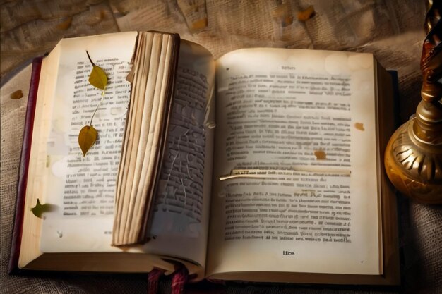 Libro antiguo de época abierto en una biblioteca en una vieja mesa tallada negra con libros de enciclopedia de oro