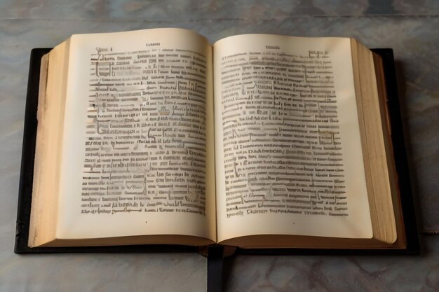 Libro antiguo de época abierto en una biblioteca en una vieja mesa tallada negra con libros de enciclopedia de oro