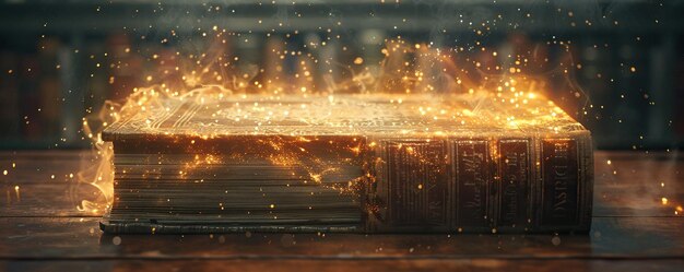 Libro antiguo con luces mágicas y letras brillantes en una mesa envejecida en una biblioteca desfocada