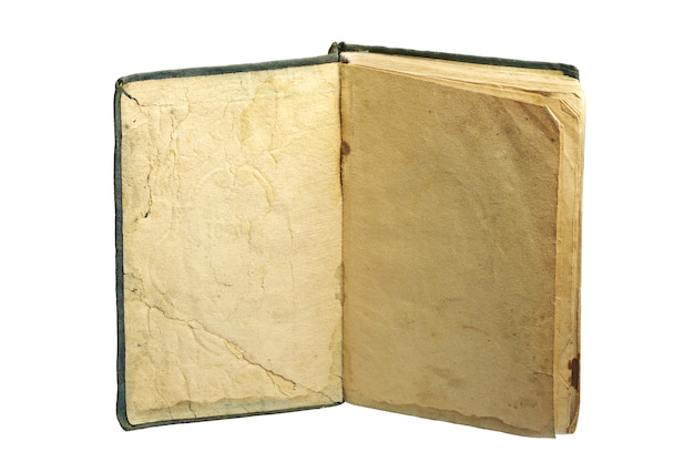 Foto libro antiguo con páginas amarillas en blanco aislado en blanco
