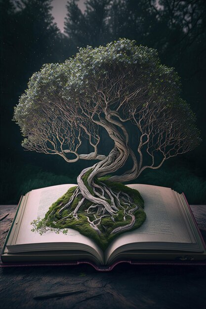 un libro con un árbol creciendo fuera de él