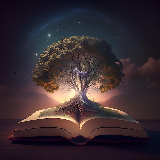 Un libro con un árbol que está abierto al cielo.