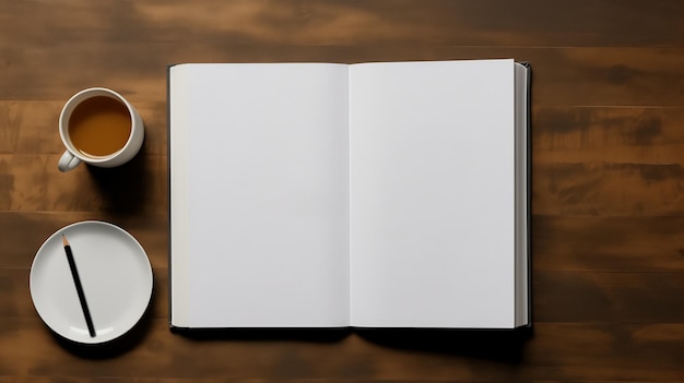 Foto libro blanco en blanco en mesa de madera para maqueta vista superior maqueta de diseño de portada de libro