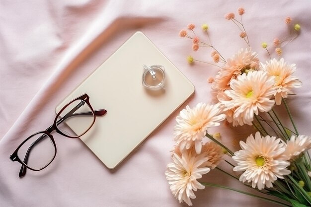 Un libro blanco, gafas y un libro sobre un fondo rosa.