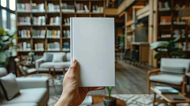 Foto con un libro en blanco en la mano en un acogedor entorno de biblioteca