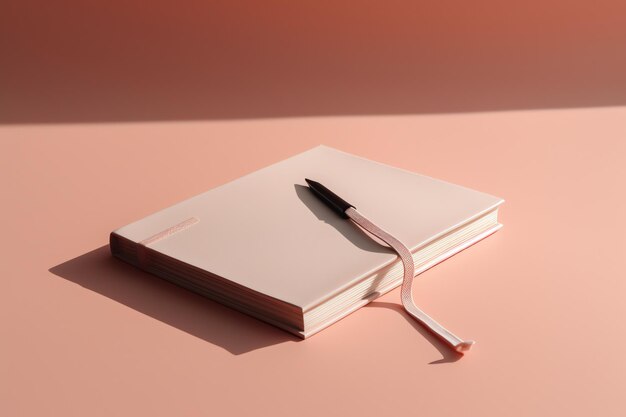 Un libro con un bolígrafo sobre un fondo rosa.