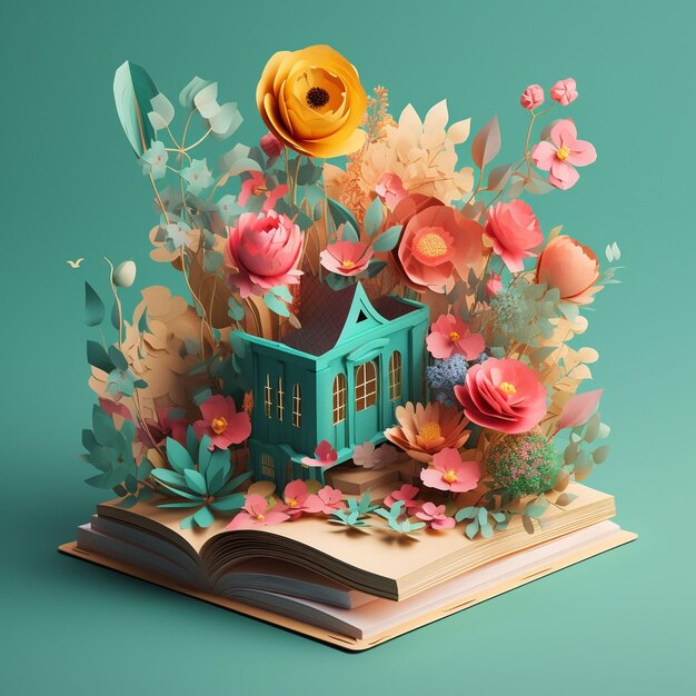 Un libro con una casa y flores en la parte superior.