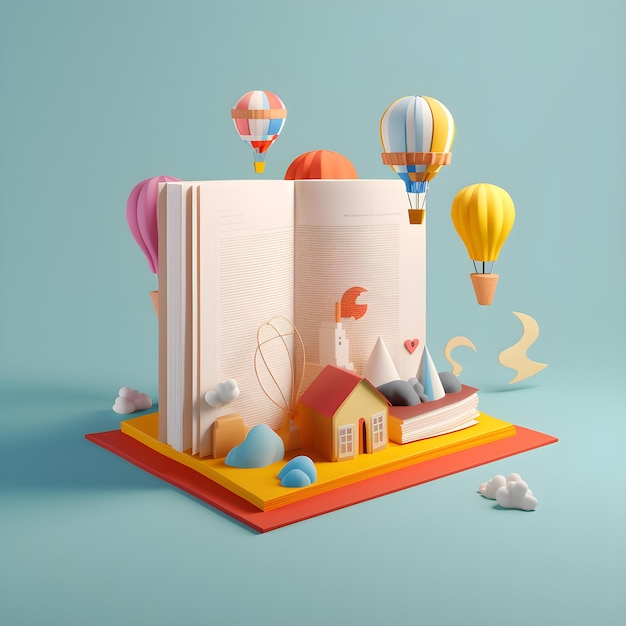 Un libro con una casa y un globo en él.