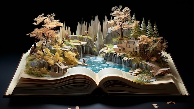 un libro con una cascada y una cascada en el fondo.