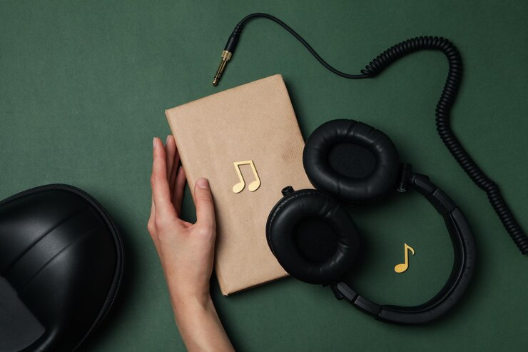 Libro de casos de auriculares y mano femenina sobre fondo verde oscuro vista superior