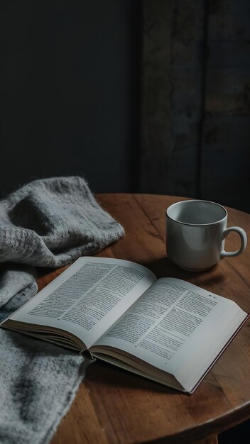 Libro cerca de la taza y textil de lana en la mesa