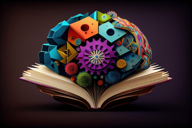 Foto libro y cerebro moderna ilustración de ideas y conceptos concepto de idea de negocio con un brai de libro abierto