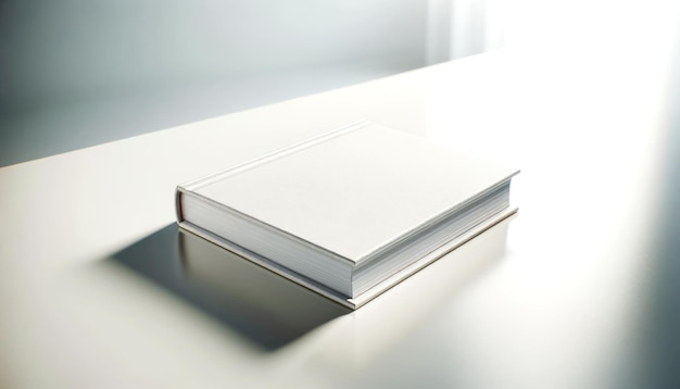 Foto un libro cerrado descansando en una mesa con una portada blanca lisa ideal para marcas o maquetas de presentación contra un fondo claro y limpio ia generativa