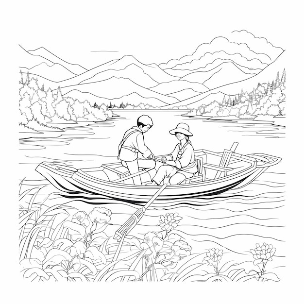 Libro para colorear para adultos 2 personas remando un barco pescando al estilo de dibujos animados