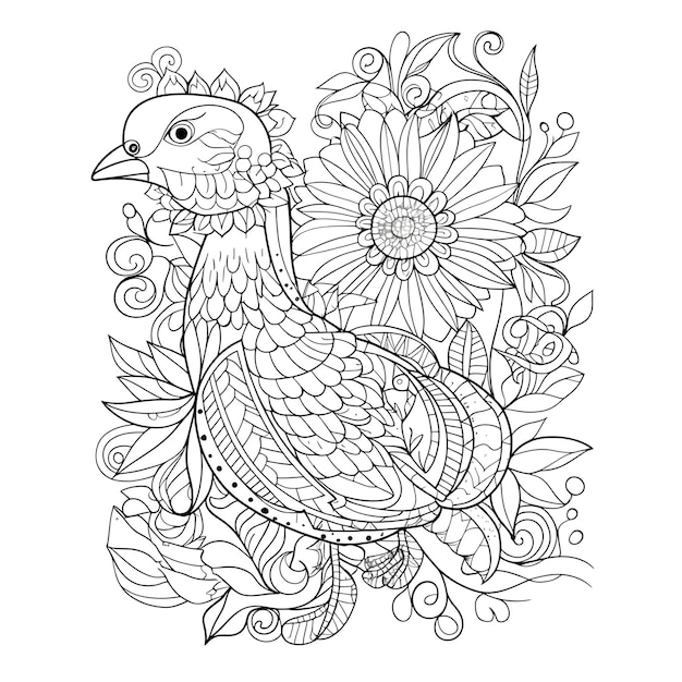 Libro para colorear para adultos Página para colorear con un pájaro y flores