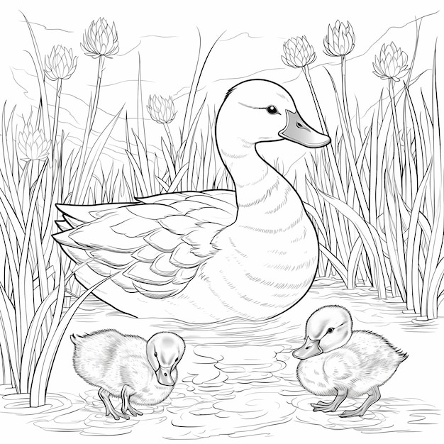 Libro para colorear para adultos Patos y patitos estilo dibujos animados