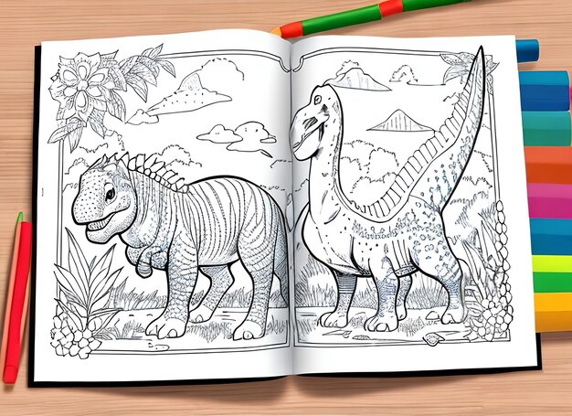 Foto un libro para colorear con un dinosaurio.