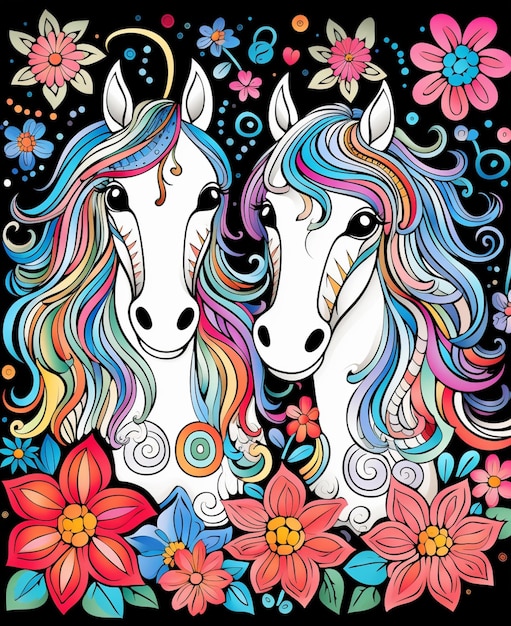 libro para colorear con dos caballos y flores sobre un fondo negro ai generativo