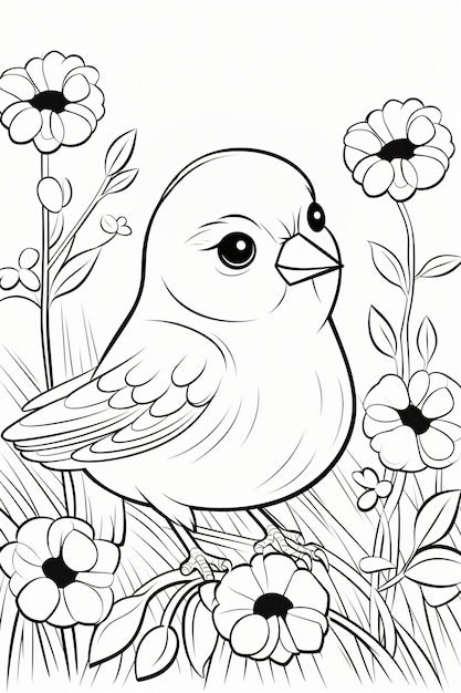 Foto libro para colorear de un lindo pájaro con flores página para colorear de patrones en blanco y negro para niños