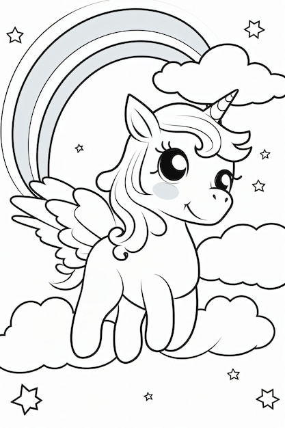 Foto libro para colorear de lindo unicornio con nube y arcoíris página para colorear de patrones en blanco y negro para niños