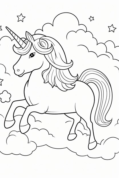 Foto libro para colorear de lindo unicornio con nube y arcoíris página para colorear de patrones en blanco y negro para niños