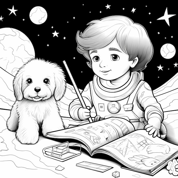 Foto libro para colorear un niño y un cachorro en un viaje a través de los planetas astronautas