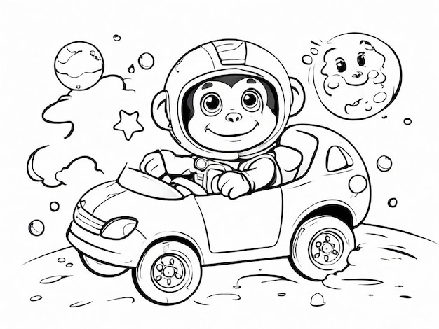 Libro para colorear para niños Astronauta Mono lindo montando un coche deportivo