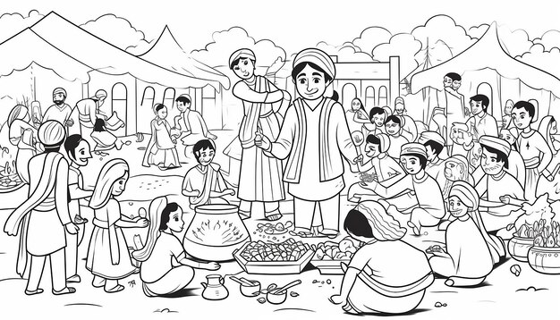 libro de colorear para niños escena del festival de Lohri con personas celebrando