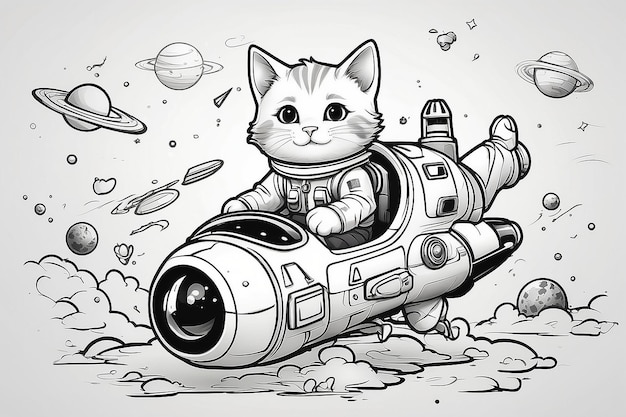 Foto libro para colorear para niños gato lindo astronauta montando un cohete