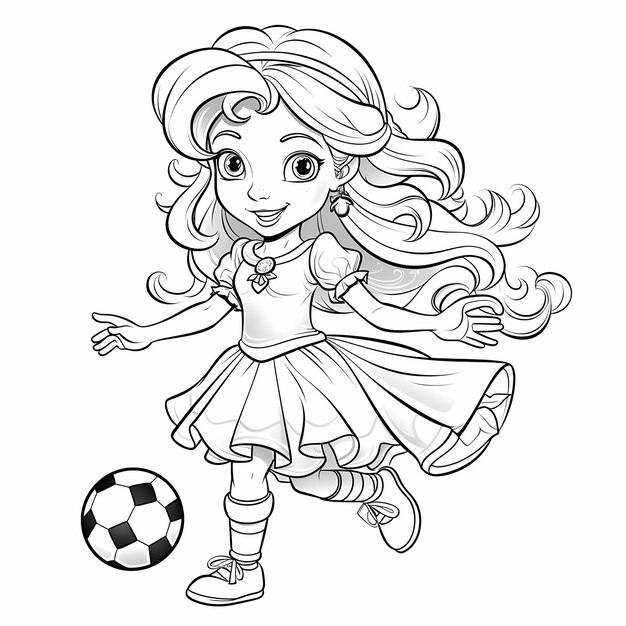 Foto libro de colorear para niños imprimible con princesas de dibujos animados en acción de fútbol