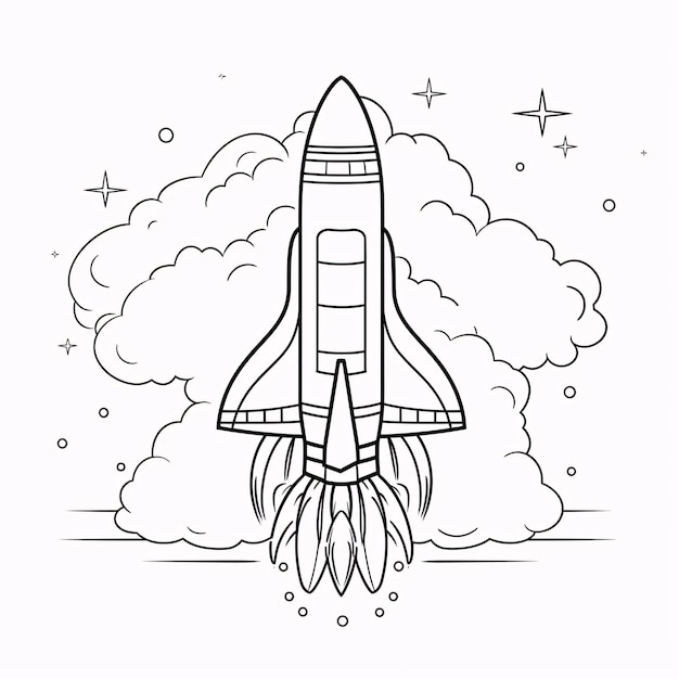 Foto libro para colorear para niños, lindo cohete, nave espacial en el espacio, arte lineal simple en blanco y negro