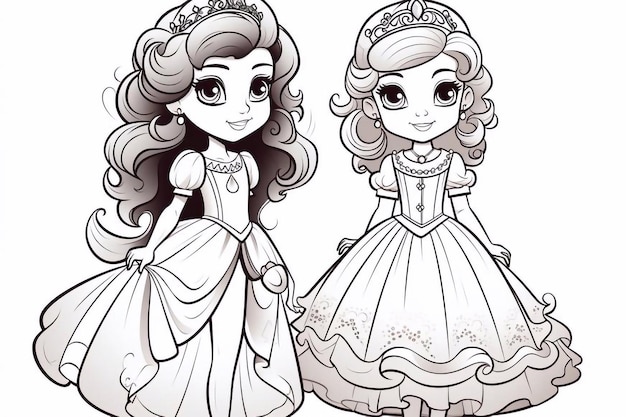 Libro de colorear para niños Niña linda y princesa en un vestido rosa hermoso Vector Illustra