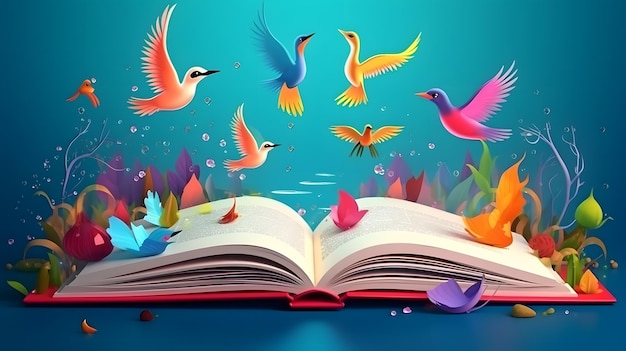 Un libro con coloridos pájaros volando sobre el agua.