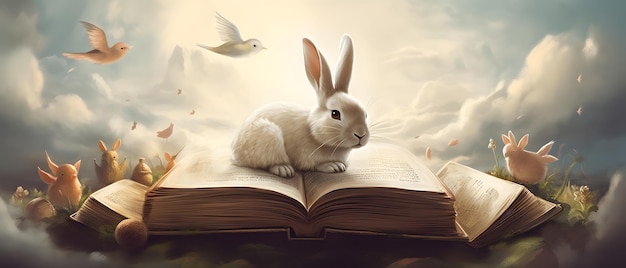 Un libro con un conejo y una bandada de pájaros volando en el fondo.