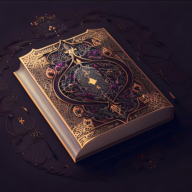 Libro del Corán ricamente decorado en un fondo oscuro Ramadán como un tiempo de ayuno y oración para los musulmanes