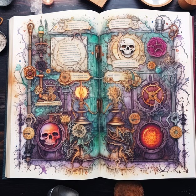 Foto un libro con un dibujo de un cráneo y otros objetos en él