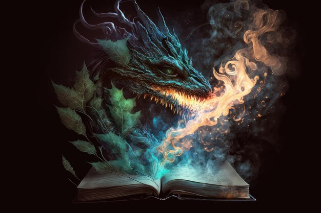 Un libro con un dragón en la portada respirando llamas y humo.