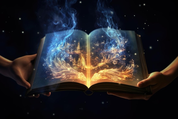 El libro embrujado con magia brilla en la oscuridad