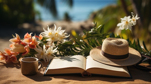 Libro de escritura en blanco con accesorios de playa de verano en el fondo