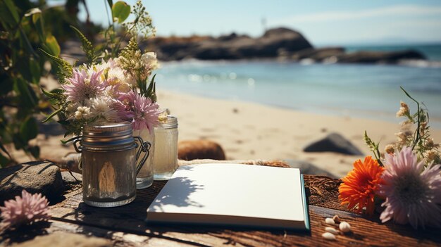 Foto libro de escritura en blanco con accesorios de playa de verano en el fondo