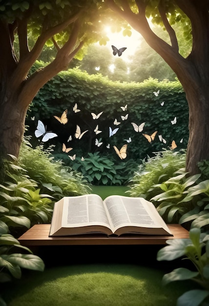 un libro está abierto a un libro con mariposas en la parte superior