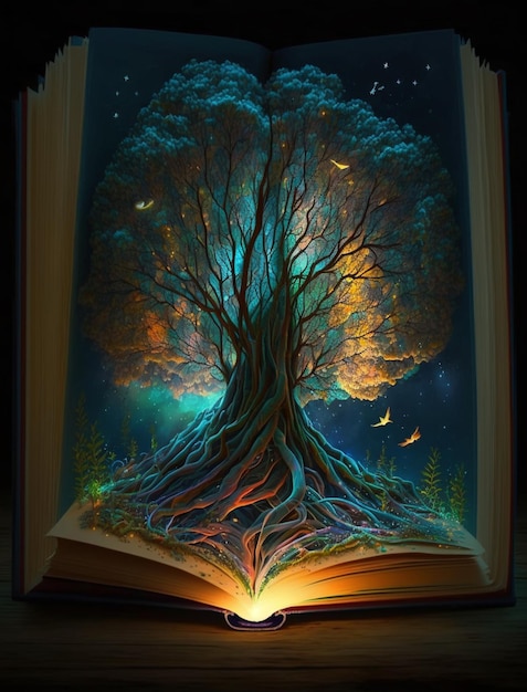 Un libro está abierto en una página que tiene un árbol.