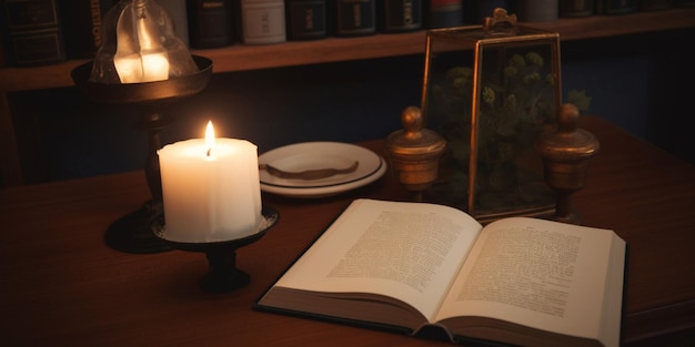 Un libro está abierto por una vela sobre una mesa con una vela encima.