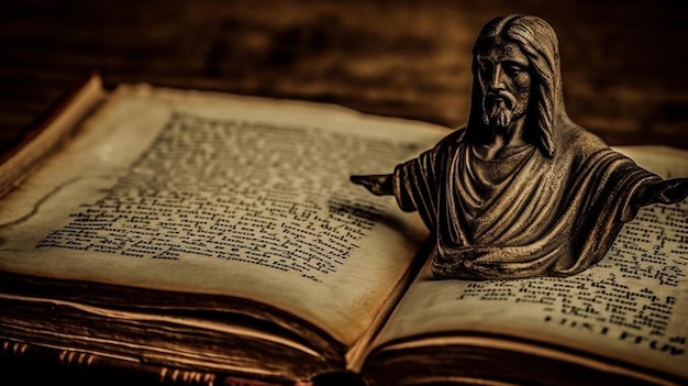 Un libro con una estatua de Jesús en él