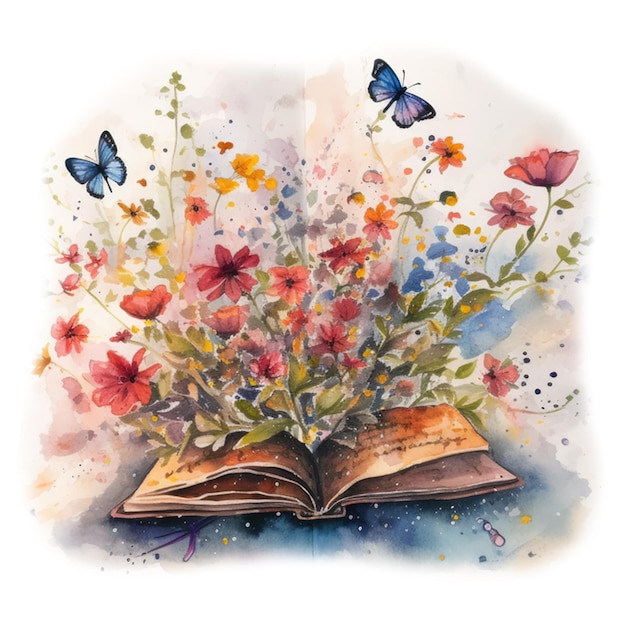 Un libro con flores y mariposas.